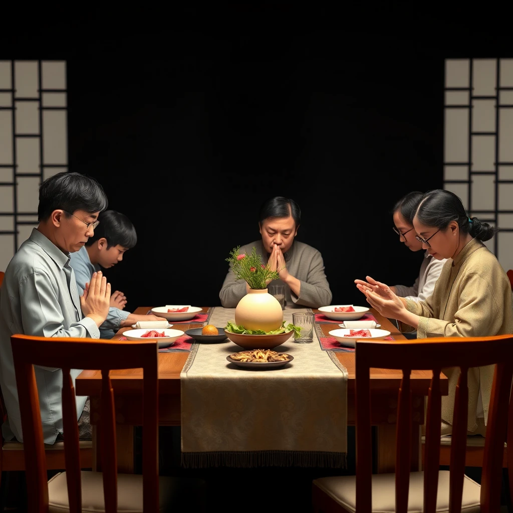 an Asian family sitting together around a dining table praying, photorealistic, 1:1 ratio, serene, dark background, plenty of whitespace around the subject, no deformed arms, no extra arm