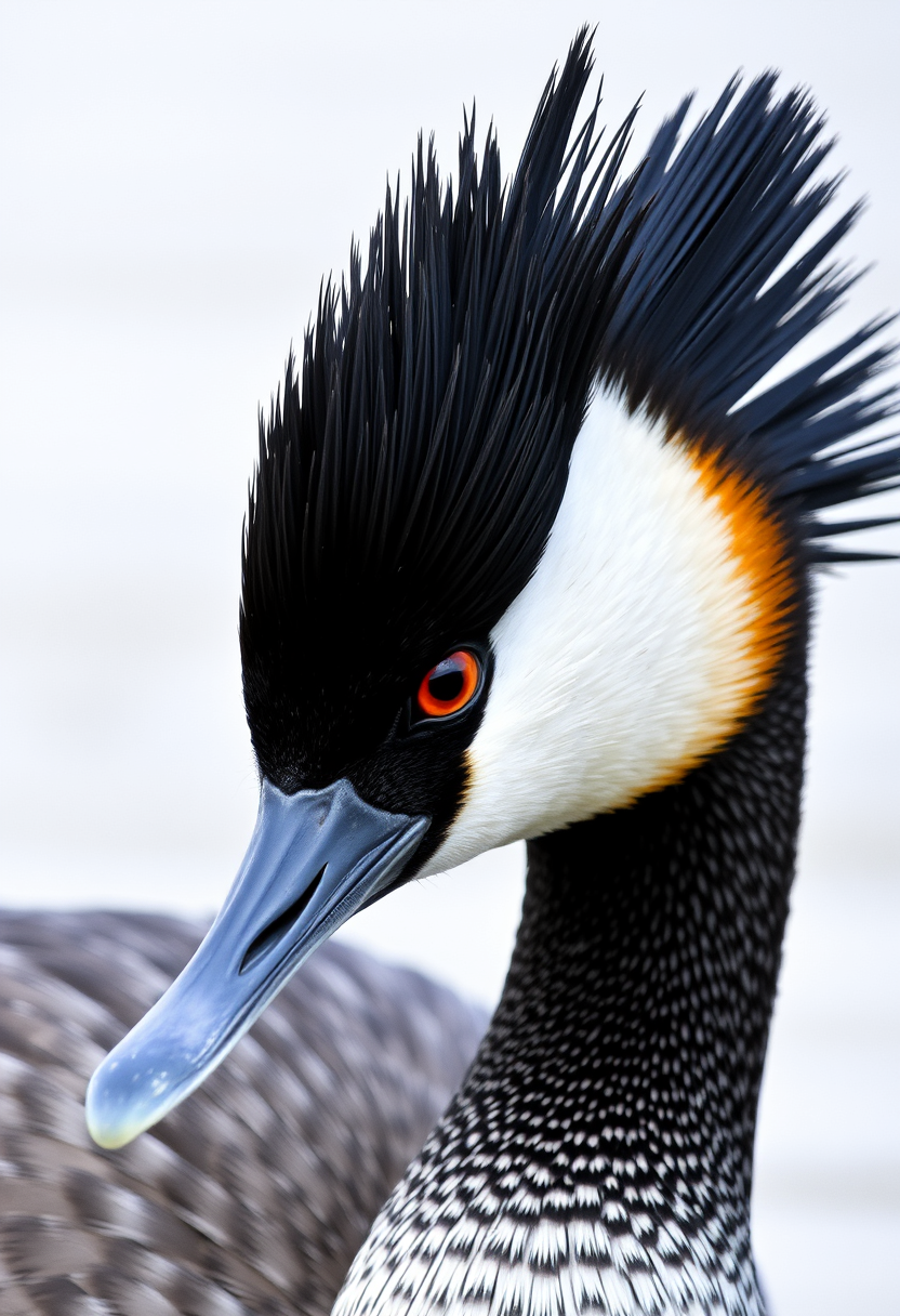 A great crested grebe (A Podiceps cristatus) bird. The crest feathers are black and not too big. The image shows the complete body of the bird. - Image