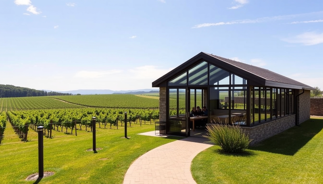 A picturesque vineyard with a glass-walled tasting room overlooking the grapevines. - Image