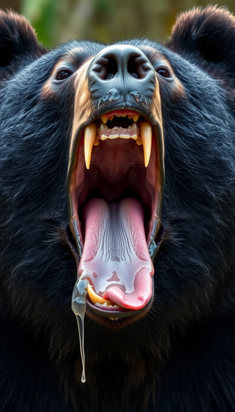 The black bear opens its mouth, and the mouth is very large, revealing sharp teeth. The teeth are very sharp, and the tongue is covered in saliva, with a lot of saliva so that the entire mouth is filled with it, moistening the fur. The veins can be seen in the oral cavity, and there are two tongues.