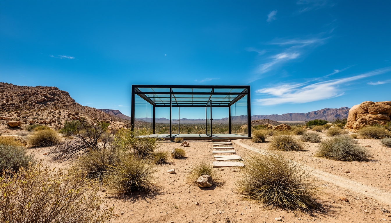 A dramatic desert landscape with a glass pavilion offering shade and shelter. - Image