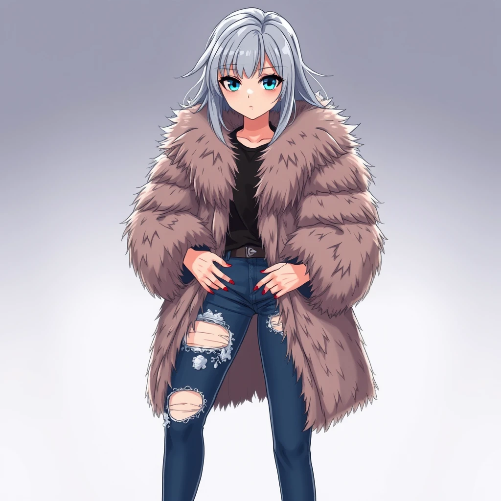 A teenage woman in an expensive fluffy fur coat, torn jeans, and high heels. Appearance: cool gray hair and large blue eyes, arrogant look. Anime.