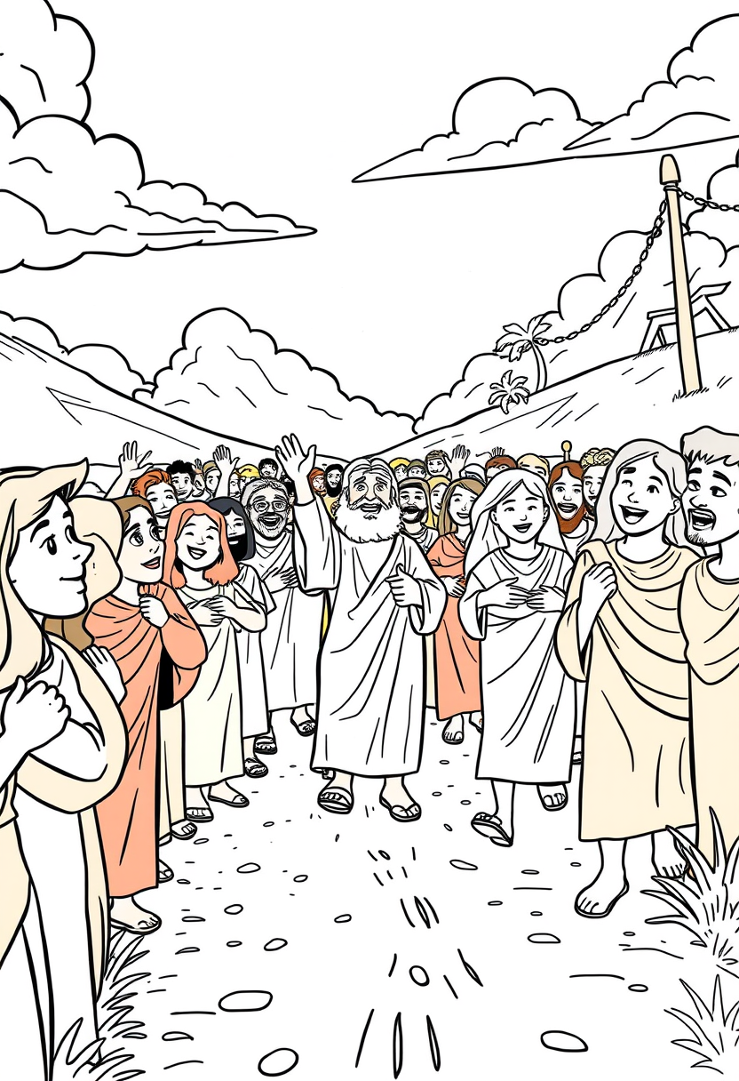 Depict a crowd of people joyfully following Jesus along a dusty road, with expressions of hope and excitement. A coloring book page, cartoon style, thick lines, low details, no shading. - Image