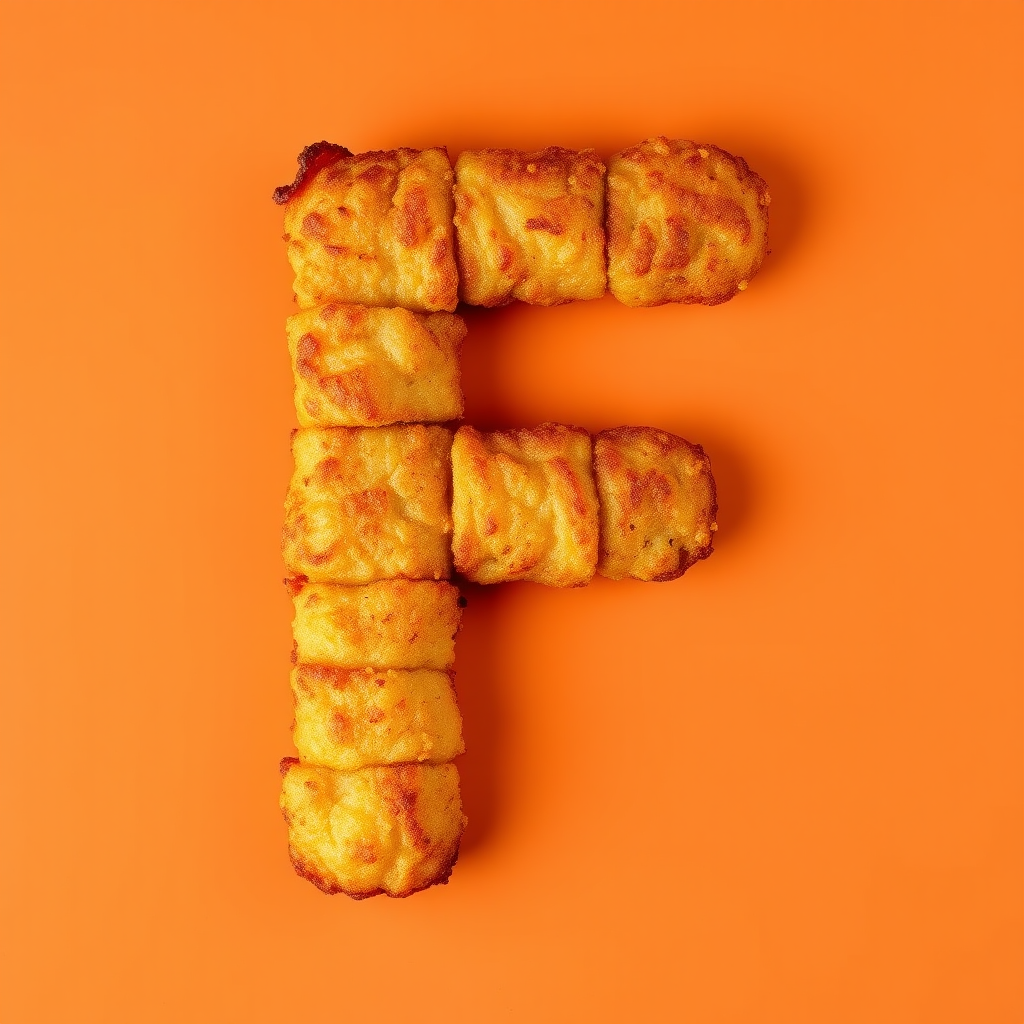 A letter "F" made of fried food on an orange background, realistic photograph.