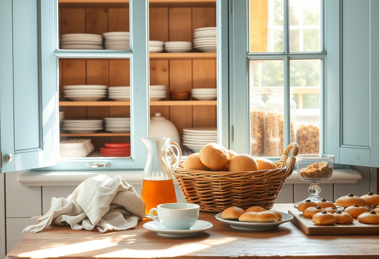 A rustic kitchen scene with a table by a window. The window has light blue wooden frames, through which sunlight streams in, illuminating the table. On the table, there is a basket filled with bread rolls, a glass pitcher with amber-colored liquid, a teacup and saucer, a small plate with pastries. A cloth is draped over the edge of the table. The background features wooden shelves holding dishes and jars, with more pastries and food items on the countertop below. The overall color palette includes soft blues, browns, and warm sunlight tones.