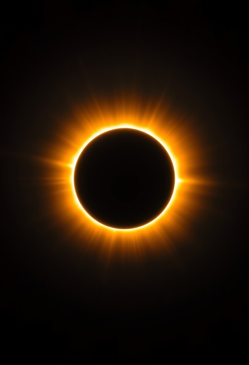 The Moon, centered, casts a dark umbra on Earth, depicting the path of totality. The Sun, in radiant oranges and yellows, forms a stunning corona effect around the Moon, all aligned casting a fading black hole sun halo in the space, orbit space vfx, exosphere, cosmic, astral, quantic, cold and warm, energy-filled epic science fiction film concept digital art by Maciej Kuciara and Vincent Di Fate, 1998 NASA photo, Hasselblad electric camera 70mm film, Skylab flashlight photography, in the style of Interstellar by Christopher Nolan OverallDetailXL, flux-style. - Image