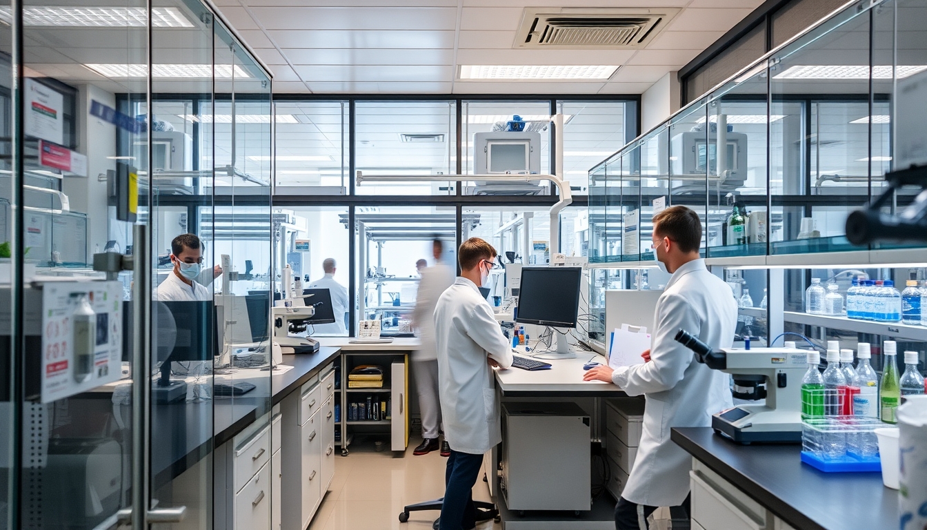 A high-tech laboratory with glass walls and advanced equipment, scientists at work.