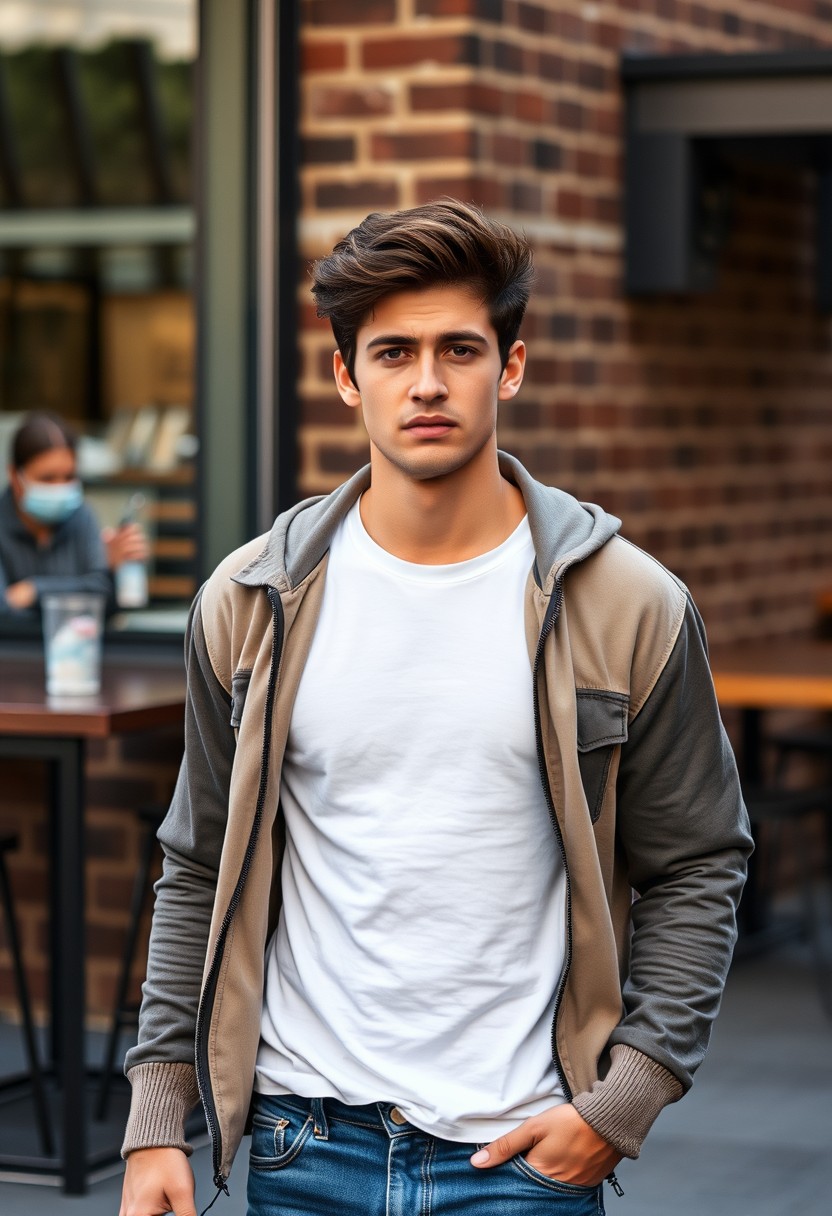 Freddie Prinze head and body shot, handsome young, dark brown-haired, serious face, white T-shirt, college jacket, skinny jeans, sneakers, walking with a hot style, near a cafe, hyper-realistic, street photography, brick wall, full body photo, morning scenery.