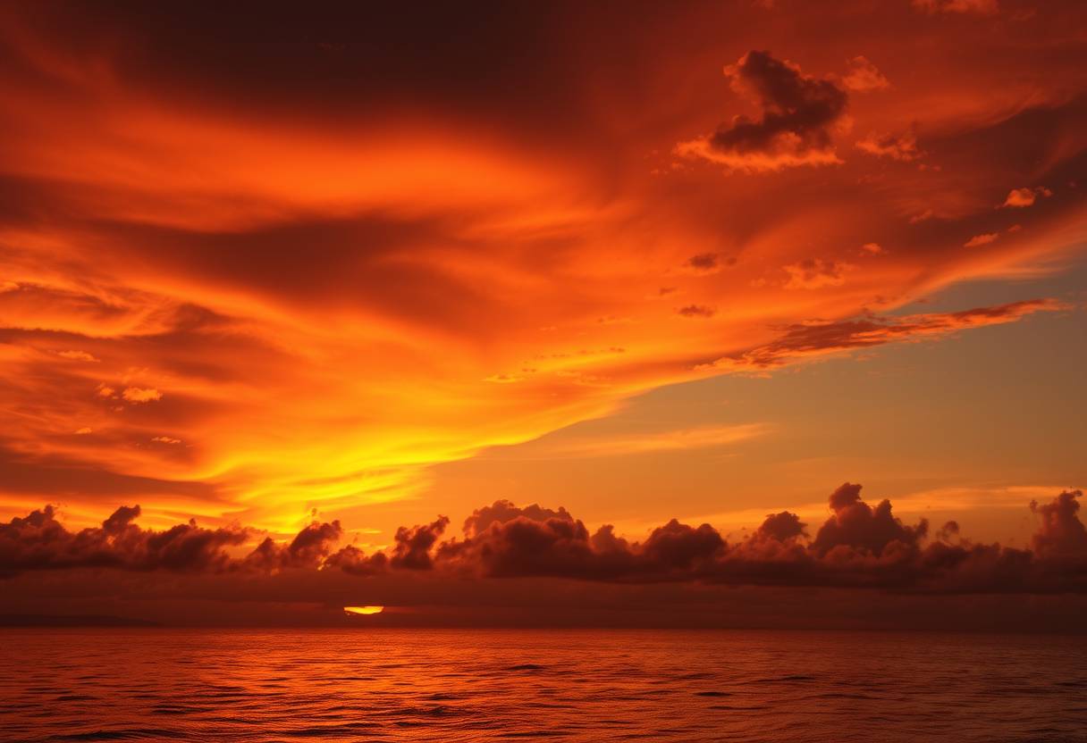 Dramatic, fiery sunset, clouds, silhouettes, high quality, photorealistic, evening sky, reflection, serene, seashells.