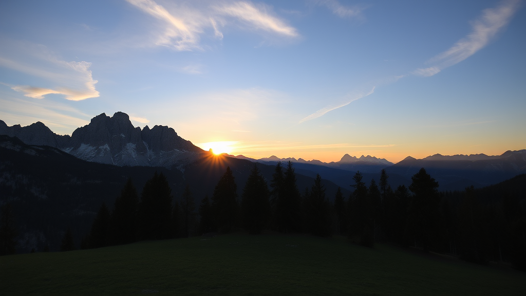 sunset over the Dolomites, Tuscany, Italy, a picture, art photography, Flickr contest winner, long shadows, Dolomites, in the Dolomites, very long shadows, casting long shadows, long cast shadows, sparse pine forest long shadows, wonderful shadows