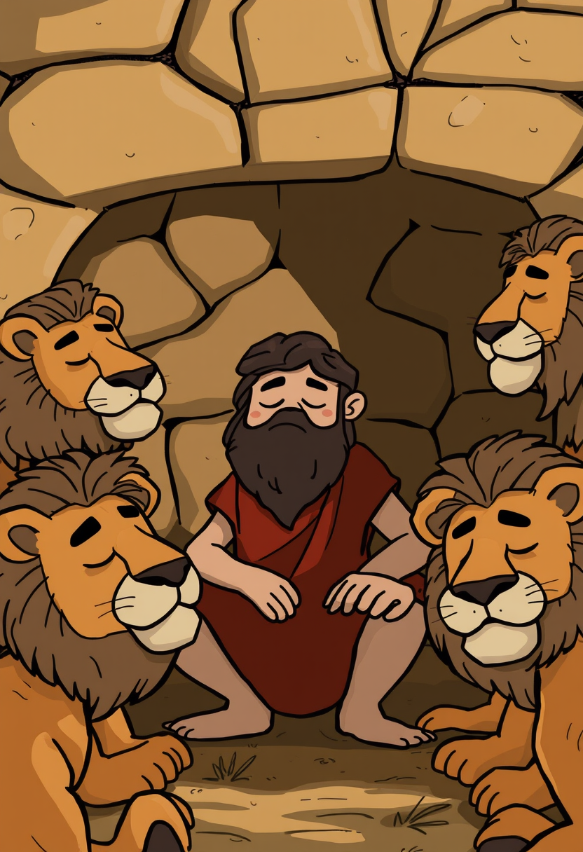 Illustrate Daniel in the lion's den, calmly surrounded by lions, with a sense of peace and divine protection. cartoon style, thick lines, low details, no shading. - Image