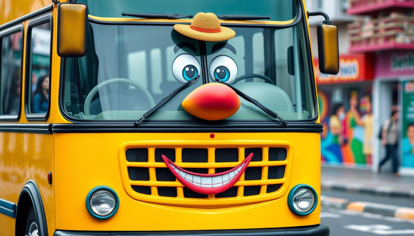 A bright yellow bus with friendly eyes on the windshield and a smiling mouth on the front grille, wearing a small hat on top. The bus looks cheerful and helpful, with a cheerful honking horn. The background is a colorful city street. - Image