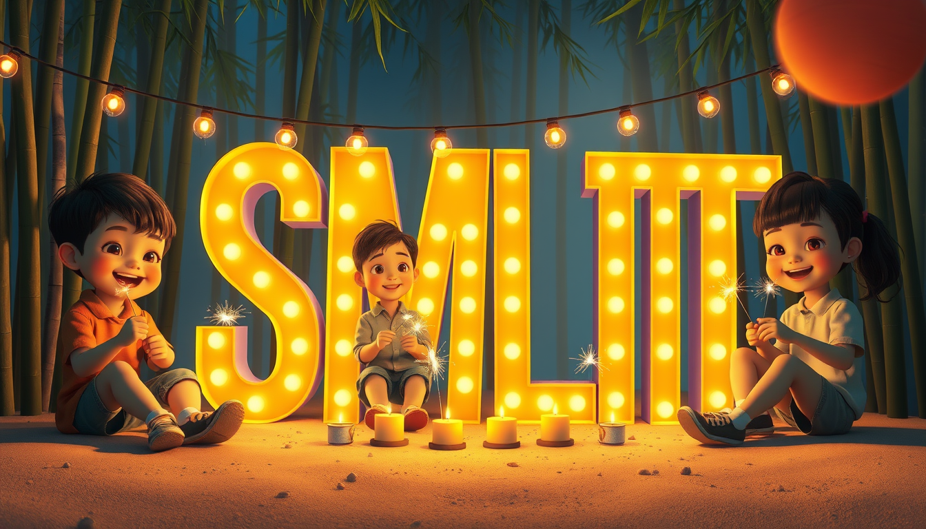 Create a digital illustration in the style of a 3D animated movie scene. Show six Asian children sitting around large, illuminated letters spelling 'SMLYT'. The letters should be made of warm yellow lights, resembling carnival-style lighting. Set the scene in a nighttime bamboo forest with a misty blue background. Include string lights hanging overhead and small candles or lights placed in front of the letters. The children should be holding sparklers and wearing casual clothing in various colors. The ground should appear sandy or dusty with visible small pebbles. Capture a joyful and celebratory mood with warm lighting on the children's faces contrasting with the cool background. Use highly detailed 3D-style rendering with special attention to lighting effects, sparkler glows, and the interplay of light and shadow on the children and surroundings.