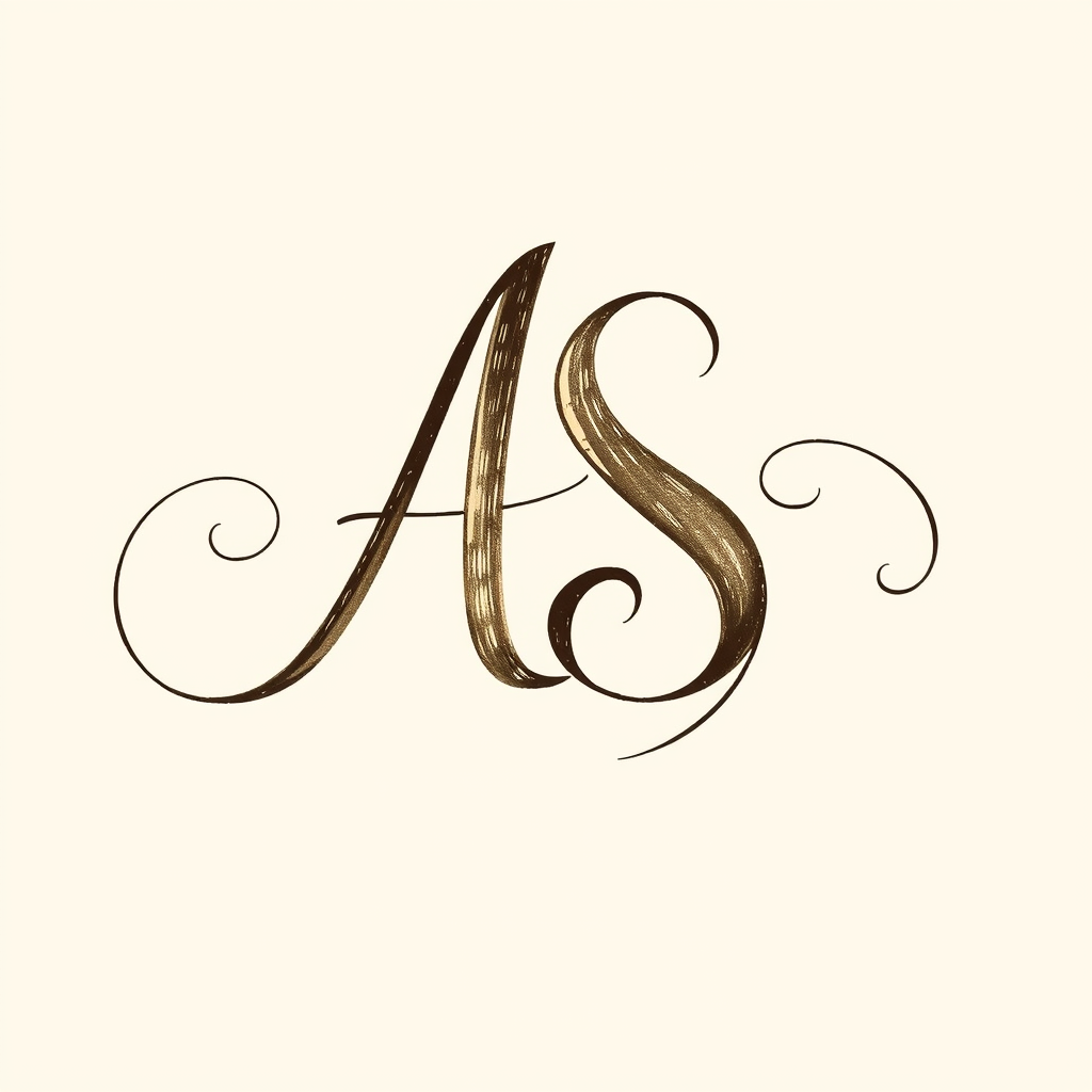 Elegant hand-drawn signature for initials AS, flowing with graceful curves and sweeping lines. Delicate ink strokes create a calligraphic feel, evoking timeless sophistication. Subtle flourishes add personality, while negative space balances the composition. Soft sepia tones evoke vintage charm and artistic flair. - Image