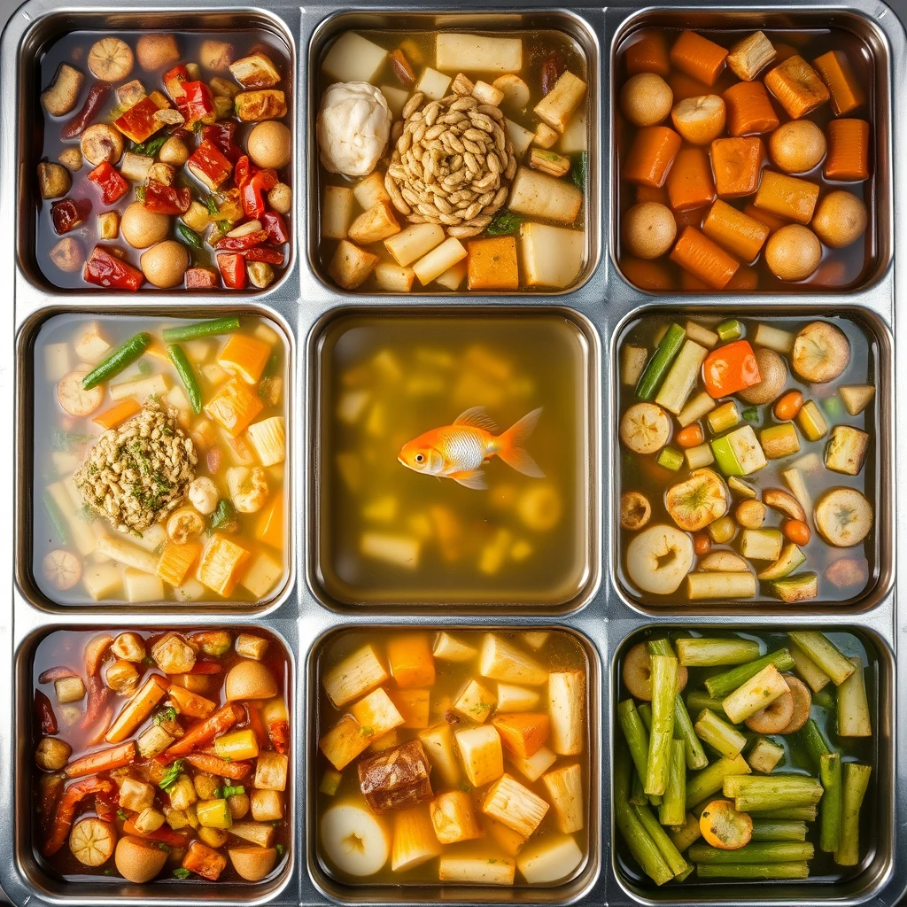 A large nine-grid hot pot, each grid a different color, filled with various ingredients, with only the middle grid having a goldfish swimming in clear water. - Image