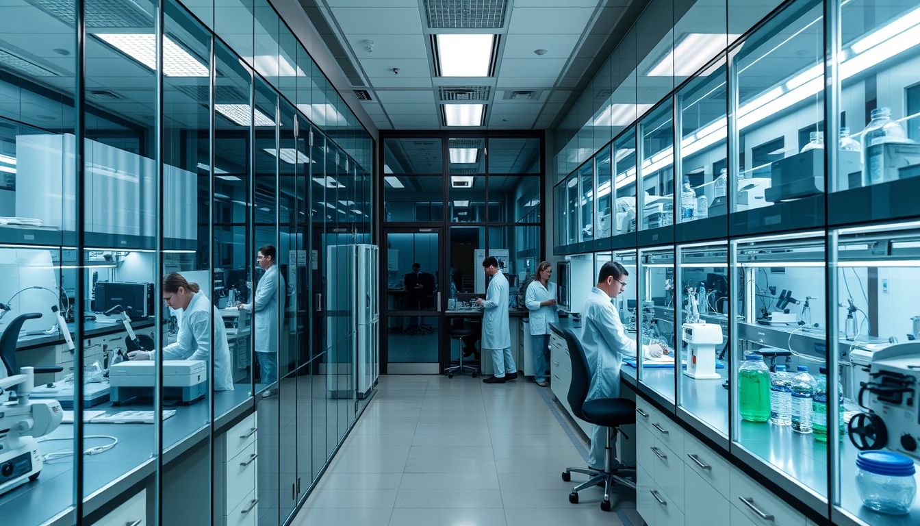 A high-tech laboratory with glass walls and advanced equipment, scientists at work.