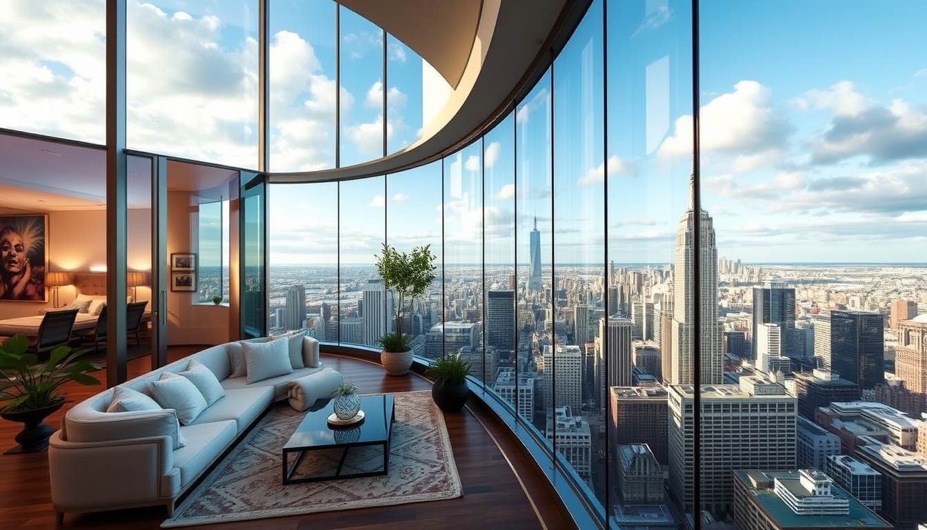 A luxurious glass-walled penthouse apartment overlooking a bustling city. - Image