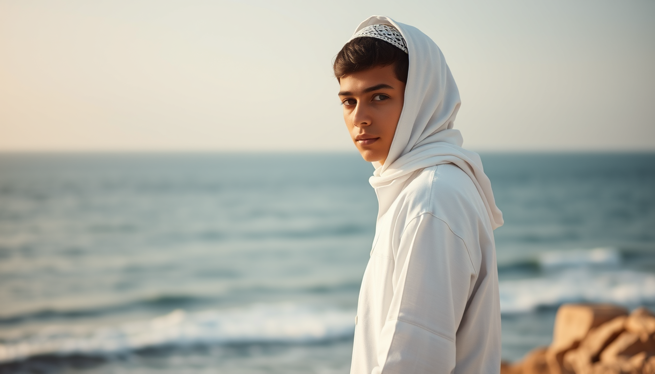 A Muslim boy wearing white clothing standing behind an ocean horizon, in a semi-realism style, 4K aesthetic, with a lifelike appearance.