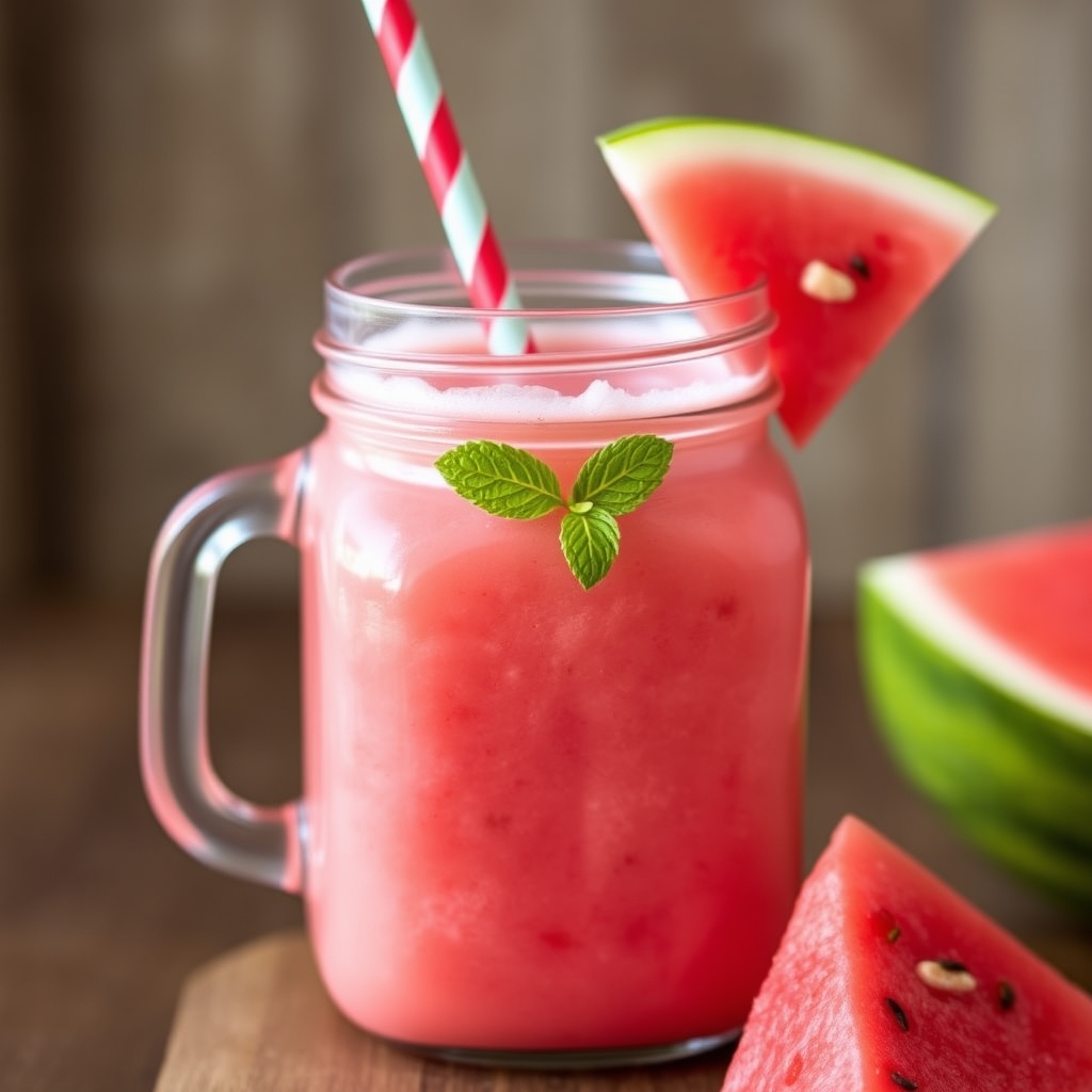 Watermelon smoothie in a mason jar with a straw, refreshing beverage, healthy lifestyle.