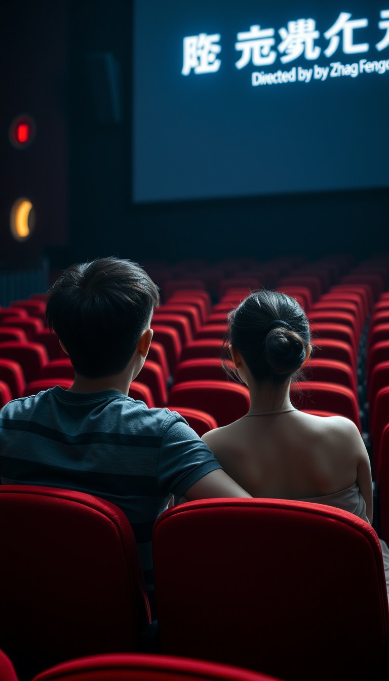 In a dimly lit theater, a young Chinese man and woman sit on seats watching a movie, the boy in a gray short-sleeved T-shirt, the girl with white skin, wearing a halter dress and a hairpiece, only their backs visible, the seats in the theater are all red, and on the big screen in the theater, it clearly writes, "Directed by Zhang Fengwei".