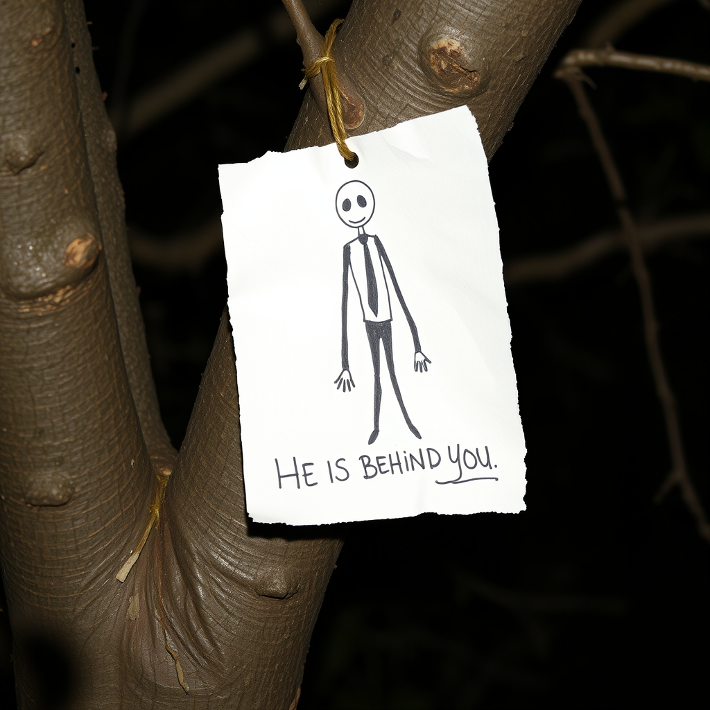 A hand-drawn slender man on paper and a handwritten text that says 'HE IS BEHIND YOU', attached to a tree branch, in the middle of the night.