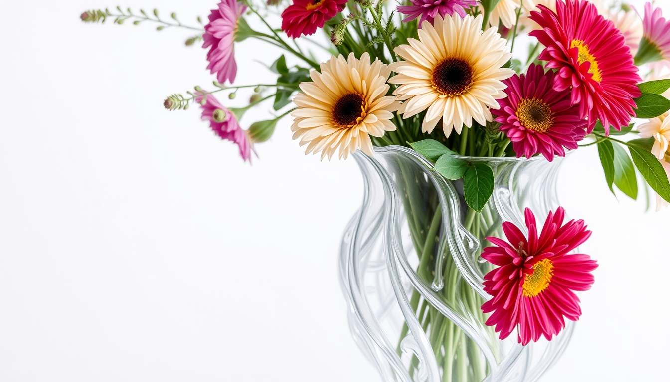 An intricate glass-blown vase filled with fresh, vibrant flowers. - Image