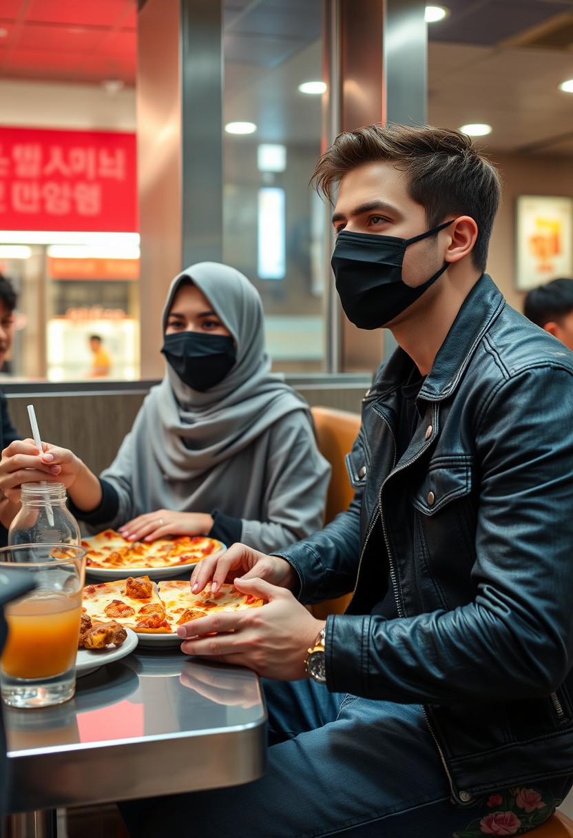 Jamie Dornan's head and body shot, handsome, young, black face mask, blue jeans jacket, jeans, dating a Muslim girl in a grey hijab with beautiful eyes, black face mask, black leather jacket, the biggest floral skirt, at a fast food restaurant, a plate of cheese pizza slices, a plate of Korean fried chicken and fries, a glass of soft drink, eating with three other randomly smiling friends, photorealistic, hyper-realistic, street photography.