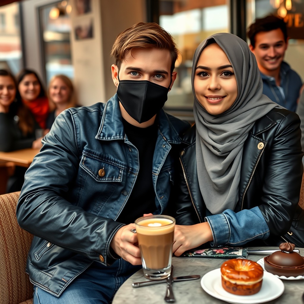 Jamie Dornan's head and body shot, handsome, black face mask, blue jeans jacket, jeans, dating a lovely Muslim girl in a grey hijab with beautiful eyes, black face mask, black leather jacket, the biggest floral skirt, at a cafe, 2 cups of latte, muffin cake, chocolate donut on a table, with 4 other friends smiling in the background, photorealistic, hyper-realistic, street photography, selfie.