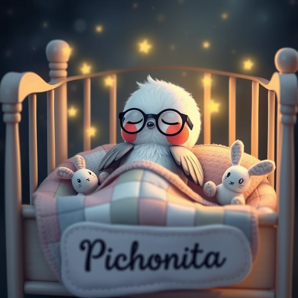 /imagine it is night. A delicate soft Kawaii hummingbird with glasses is sleeping in its little bed, surrounded by fireflies, with a patchwork blanket and tiny cute stuffed bunnies, and the name "Pichoncita" written on the crib. - Image