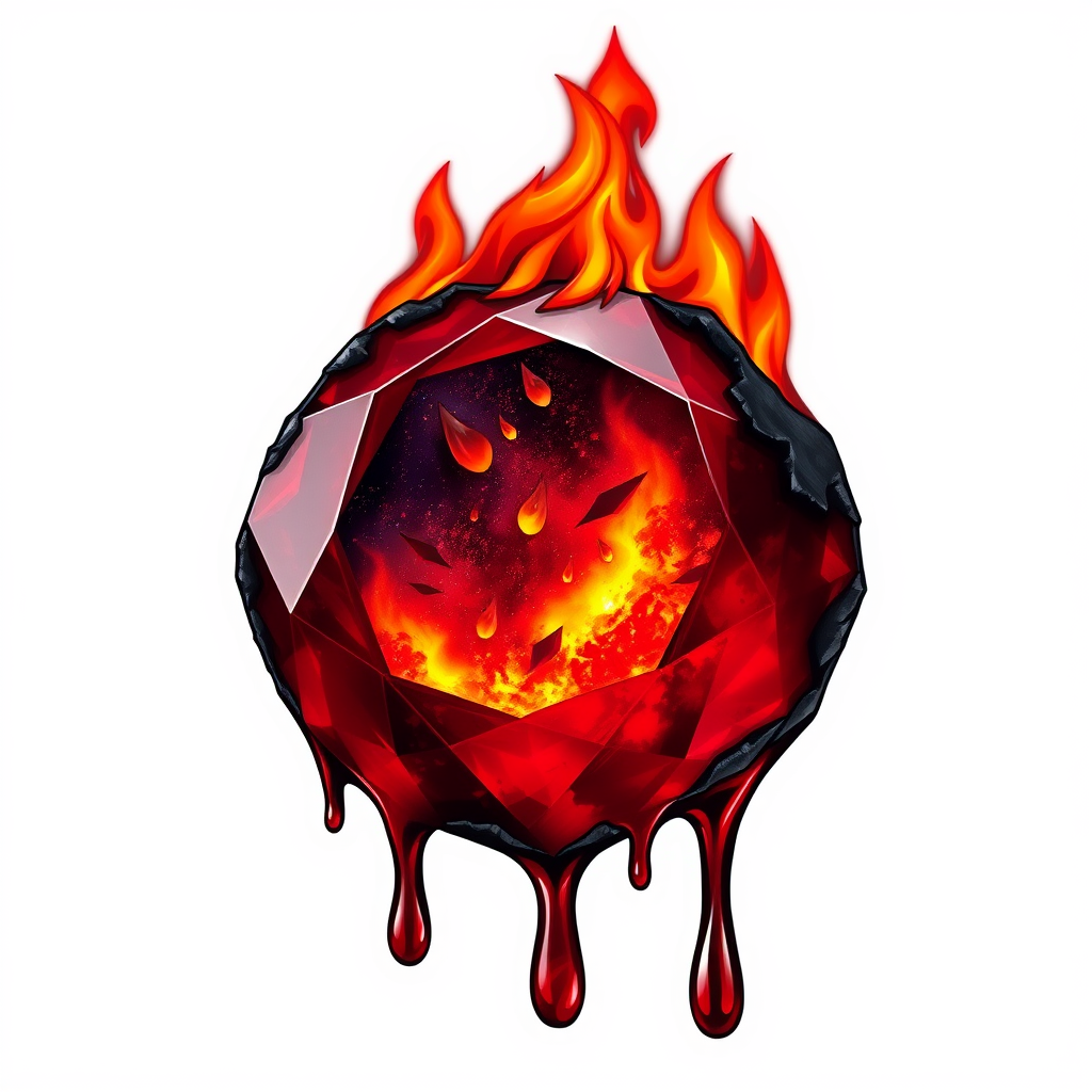 A tee shirt design of a beautiful ruby on fire with beautiful liquid red ruby dripping with flames. The ruby has black char all over it and subtle colorful embers burning in the ruby. Inside of the ruby should be reminiscent of beautiful galaxies perfectly blended with chaos. Striking and otherworldly on a transparent background. - Image