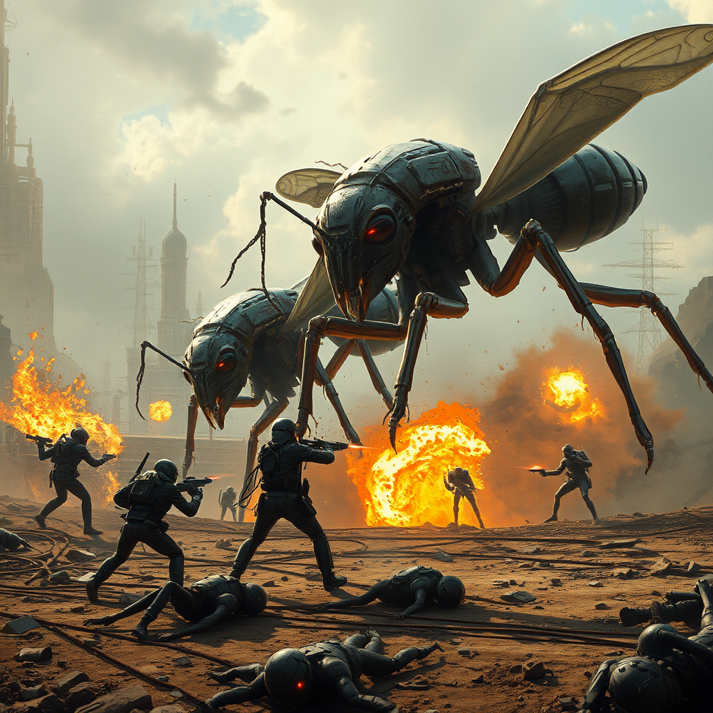 Hyperrealistic. Alienpunk, Sci-fipunk. The capture of an alien base by cyborg ants. The hard battle between humans and huge cyborg ants. Humans shoot huge cyborg ants. Lasers, explosions. Dead humans on the battlefield. WLOP, Greg Rutkowski. - Image