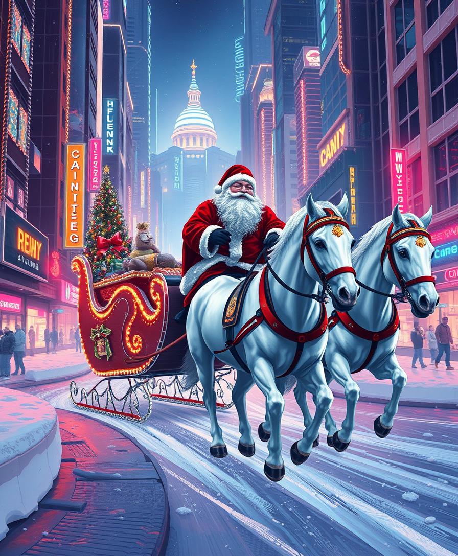 Russian Snow Grandfather rides a festive sleigh, pulled by three white horses through a futuristic cyberpunk city decorated with Christmas lights, art by Vladimir Zarubin. - Image