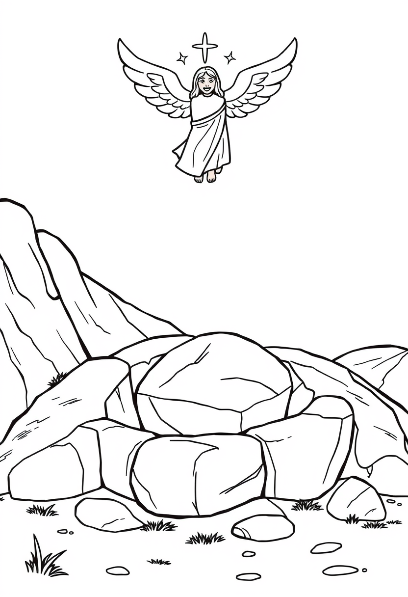 Create an image of the empty tomb with the stone rolled away, and an angel announcing the resurrection of Jesus. a coloring book page, cartoon style, thick lines, low details, no shading.