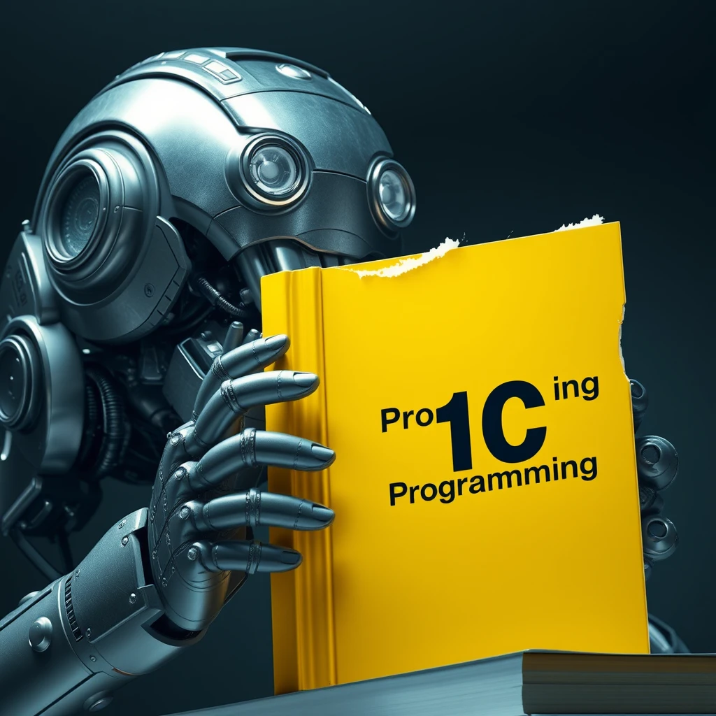 Futuristic scene: a giant robot bites the corner of a large yellow book. The robot is massive, with a metal body, gleaming lens-eyes, and mechanical jaws. Its size is several times the size of the book. The book is bright yellow in color, thick, and looks like a textbook. The cover of the book reads "1C Programming" in large black letters. You can see that the robot has bitten off the upper right corner of the book, leaving a jagged bite mark. The metal teeth of the robot can be seen. The background is neutral, perhaps a darkened laboratory or futuristic interior. The lighting is dramatic, emphasizing the contrast between the shiny metal of the robot and the matte surface of the book. Image style: photorealistic with science fiction elements. Detailed texture of the robot's metal and the book's paper. Clear lines and shapes. Saturated colors with emphasis on the yellow of the book and the silver-steel of the robot. - Image