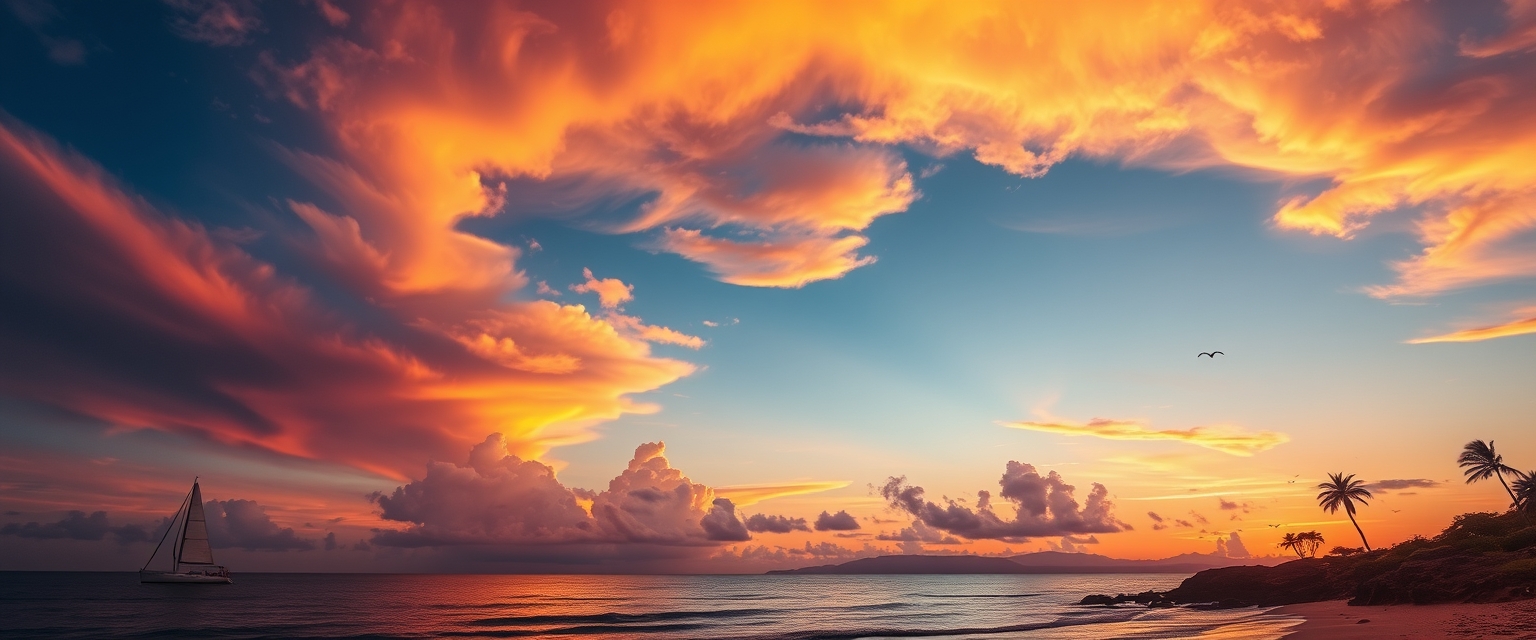 Dramatic, fiery sunset, colorful clouds, silhouettes, high quality, photorealistic, tranquil, evening sky, reflection, serene, breathtaking::0.7 sailboats, palm trees, beachside bonfires, coastal cliffs, seashells, peaceful waves, seagulls.