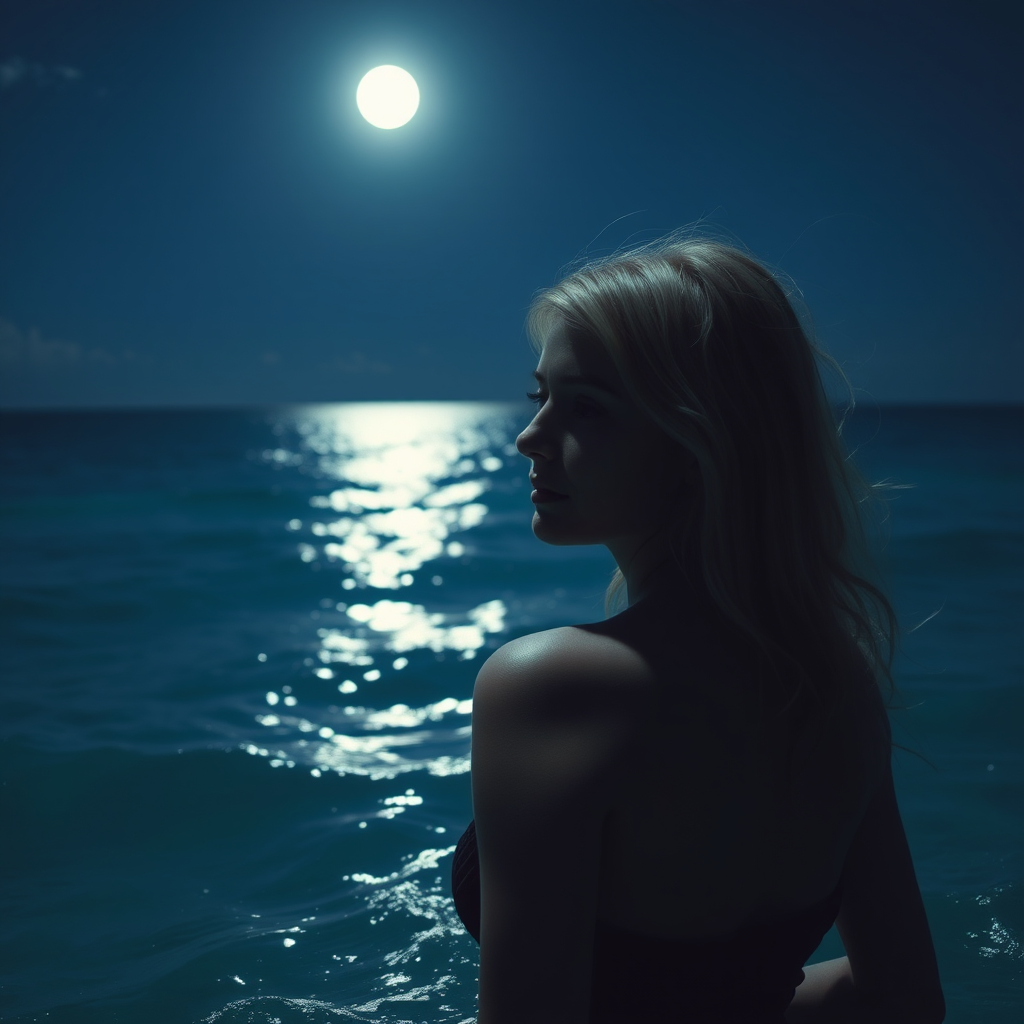 A fair-skinned blonde woman is entering the sea under the moonlight, feeling as if someone is watching her. - Image