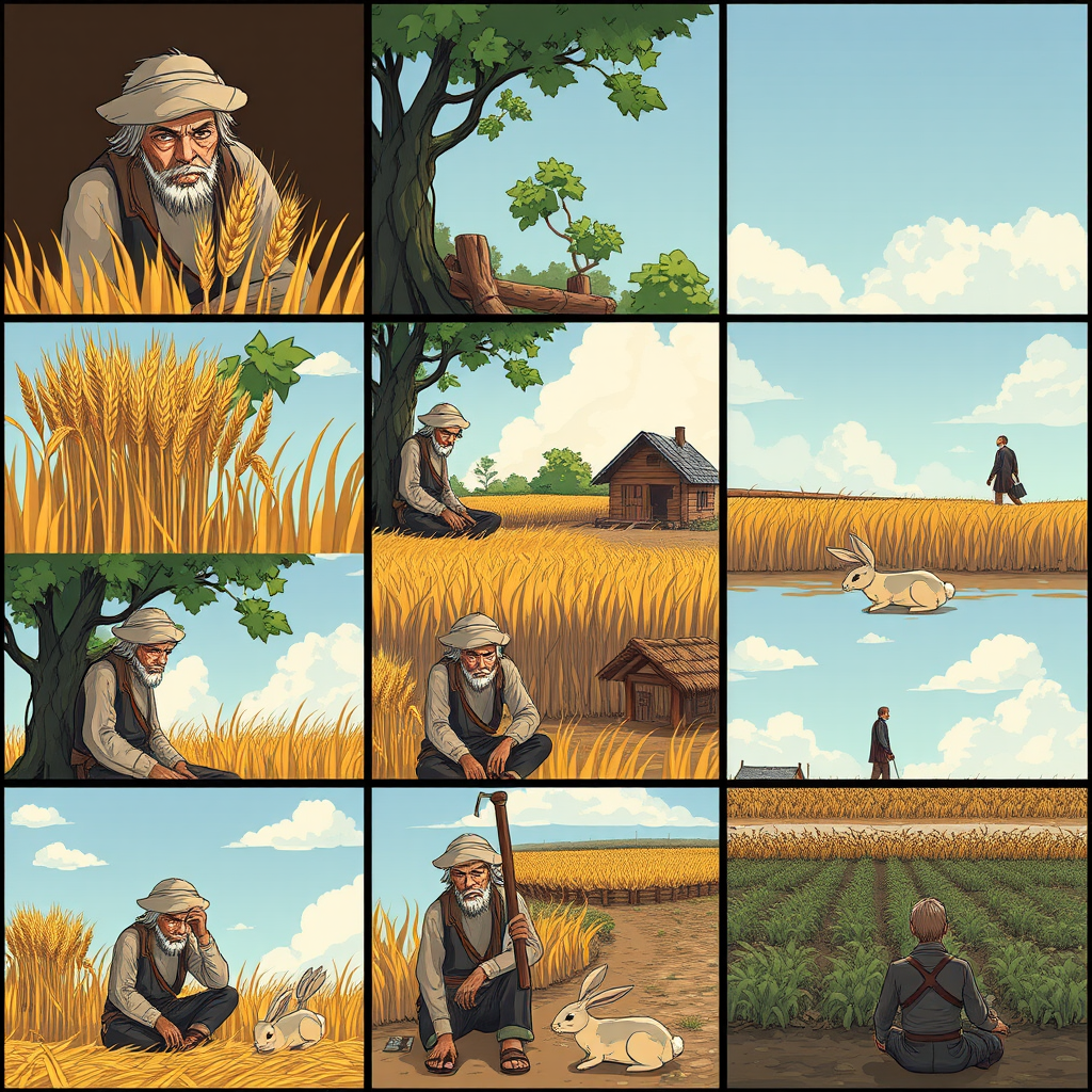 The image style is "cyberpunk," featuring an ancient farmer in a nine grid. Each Grid's size is 9:16. The characters in each scene will all use the same farmer, ensuring that the face shape and clothing remain consistent throughout. In the first panel, the farmer is harvesting wheat. In the second panel, the farmer is sitting under a tree, a rabbit is rushing. In the third panel, the rabbit is lying on the ground. In the fourth panel, the farmer is walking toward a house. In the fifth panel, the farmer sits under the tree. In the sixth panel, the farmer sighs while sitting under the tree. In the seventh panel, the farmer stares blankly at the sky. In the eighth panel, the crops have withered. In the ninth panel, the farmer is planting seeds in the field.