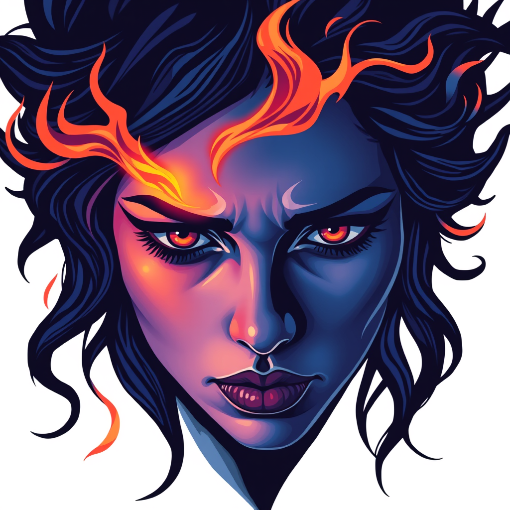 A tee shirt design of a close-up of a woman's face, inspired by the sun. Her expression is deep and soulful, reflecting both passion and sadness. Her eyes are intense and filled with emotion. The color palette is cool, featuring deep blues and purples, with a hint of warmth in her eyes. Whipping flames accent her face, blending seamlessly into the background, creating a contrast between the cool and warm tones. The overall feel is a harmonious blend of passion and melancholy, embodying the soulful essence of the sun. Transparent background.