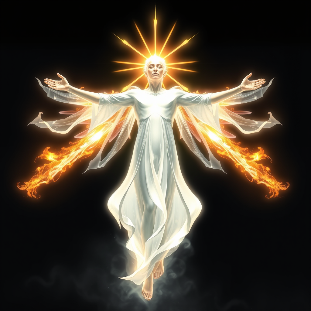 Captivating design, spirit man ascend, the spirit being's arms are spread out, white body, beaming light on her body, at the end of each arm, there are flames of fire.