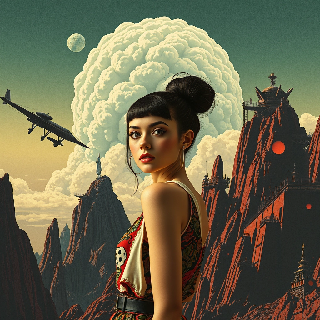 Fashion model beauty niji girl LGBTQ nice curves perspective pop rock fluo collage sci-fi steampunk machinery extra dust particle cloud octane render and paper art ink art Méliès, Jules Verne, big eyes creature from hell, burning mountain, sad human climbing the sky. - Image