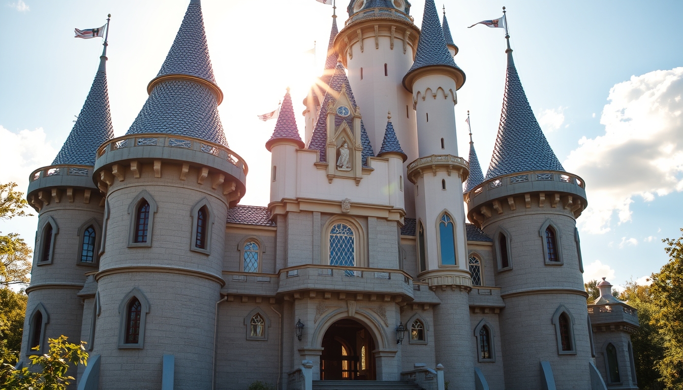 A whimsical fairy tale castle with glass turrets sparkling in the sunlight.