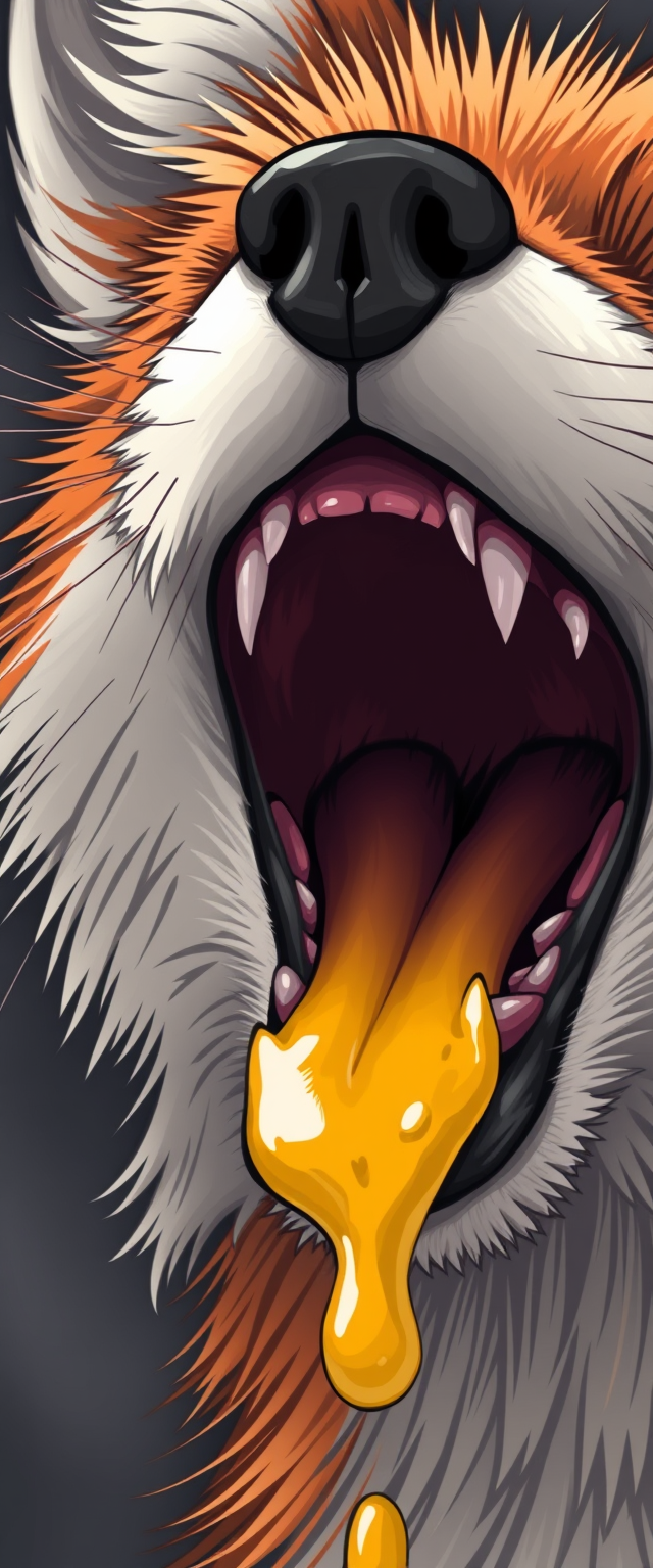 "Furry art style, depict the details of a fox's mouth when it is pouncing for food, including throat details that should be bright, details of the teeth, details of the saliva, the entire mouth is involved." - Image