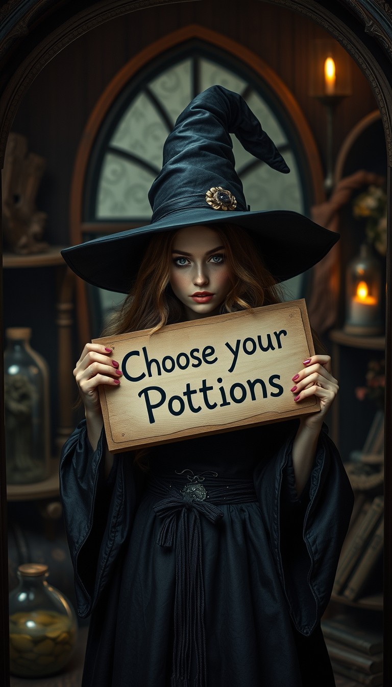 A beautiful witch in her dark home, holding a sign saying "Choose your Potions", photorealistic. - Image