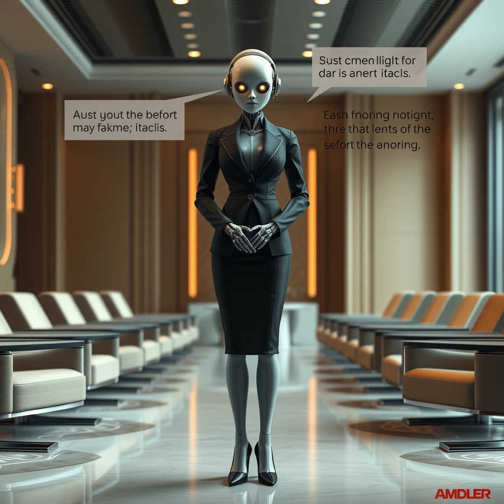 "Design a sophisticated, female robot known as the 'Confusion Bot,' with a sleek, humanoid appearance. She is dressed in an impeccably tailored, dark business suit, complete with a fitted blazer, pencil skirt, and elegant heels, exuding the aura of a high-ranking diplomat. Her face has smooth, subtle features that almost mimic human expressions, but with an artificial elegance. Her eyes are glowing orbs that shift color, adding an eerie effect as she delivers confusing, contradictory statements meant to gaslight her opponents. Her mouth is a delicate line that moves with precision, emitting her psychologically manipulative dialogue. The background is a luxurious, modern conference room, where she stands with a poised, confident demeanor, her hands gracefully folded in front of her. Exclude any visible weapons or combat features, focusing solely on her diplomatic and psychological manipulation capabilities."