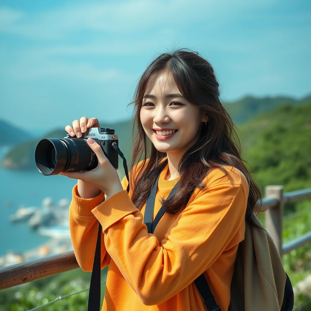 "Korean young woman with camera, recording journey moments, good mood, soul relaxation, Cheung Chau Island adventure, photorealistic style"