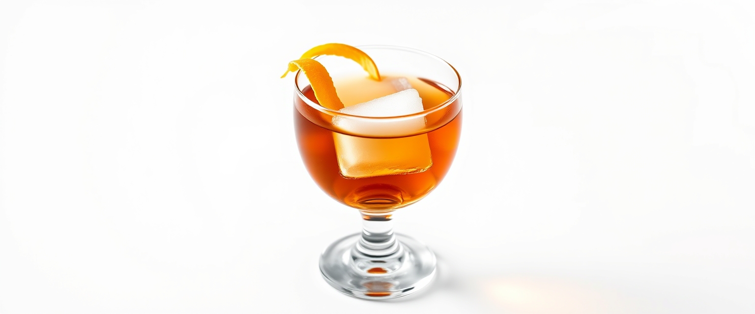 Luxurious whiskey cocktail with sugar cube and twisted citrus peel garnish, served in an elegant tulip-shaped glass on a crisp white background.