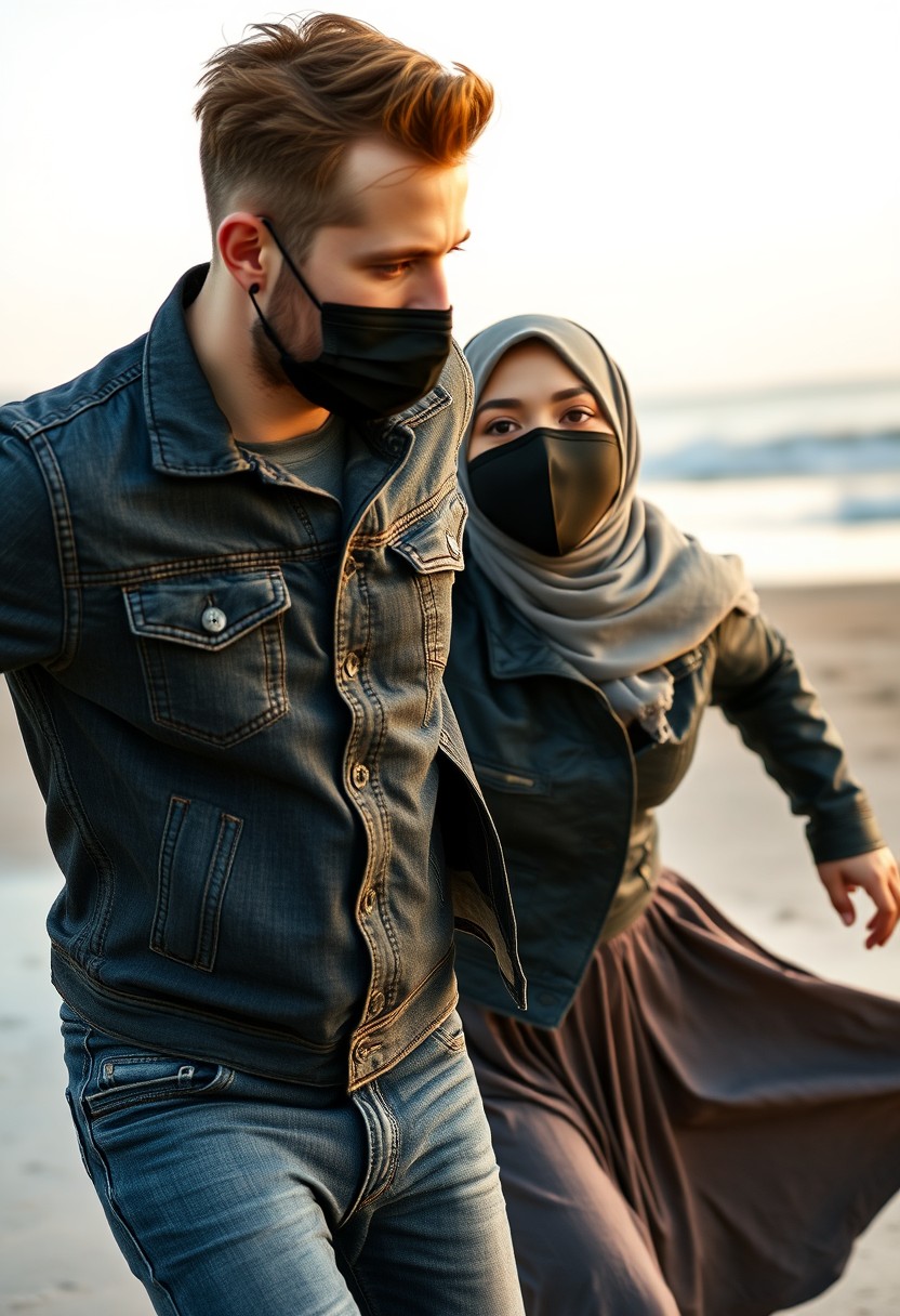 Jamie Dornan's head and body shot, handsome, wearing a black face mask, denim jacket, jeans, dating, love couple, with the biggest grey hijab Muslim girl, wearing a black face mask, with beautiful eyes, a black leather jacket, and the biggest skirt, running together on the beach, hyper-realistic, street photography. - Image