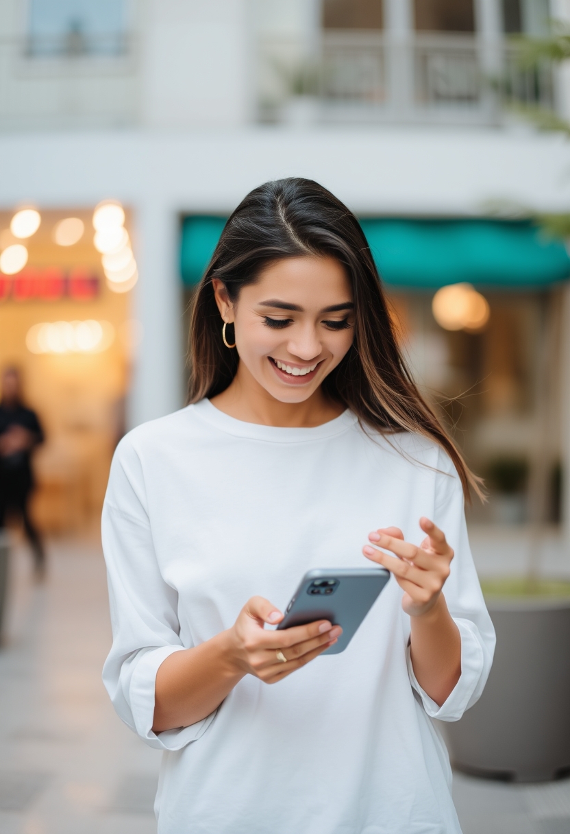 A woman is playing on her mobile phone and smiling, looking happy.