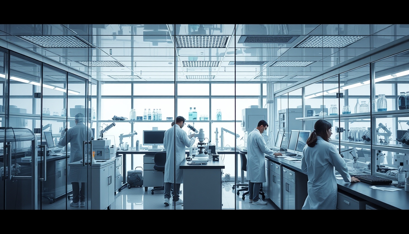 A high-tech laboratory with glass walls and advanced equipment, scientists at work.