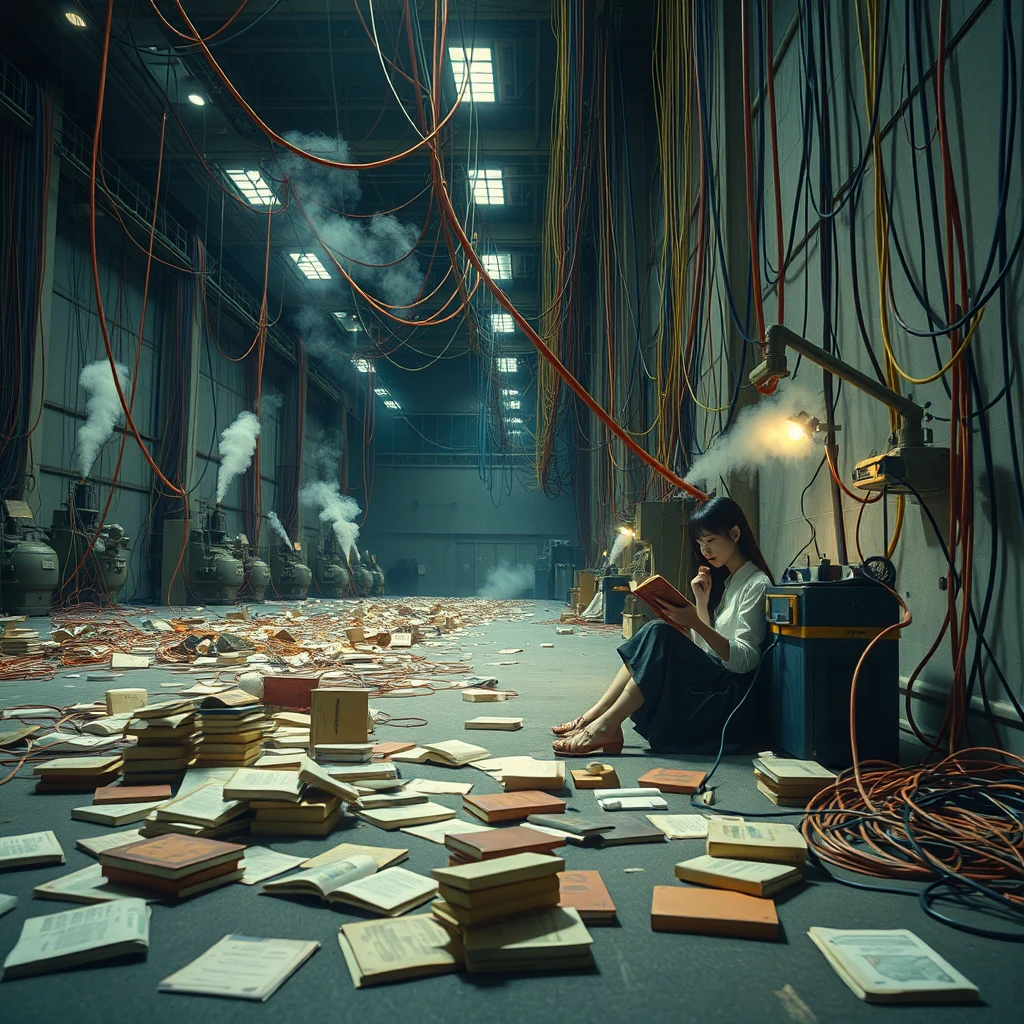 A real-life photograph, wide shot, of a Japanese female student in a skirt sitting in the corner of a large hall, reading a book. The hall has some books scattered messily, and many wires of varying thicknesses are on the floor and in the air, including red, blue, yellow, and other colors. Additionally, there are some machines emitting steam. The lighting is dim, and there are some plants.